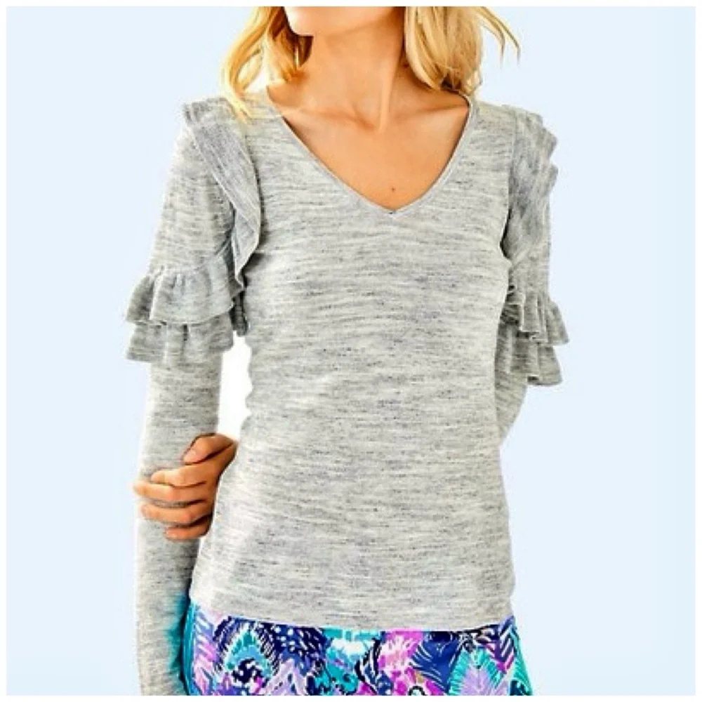Lilly Pulitzer Large Fresca Ruffled Heather Gray Wool V-Neck Pullover Sweater